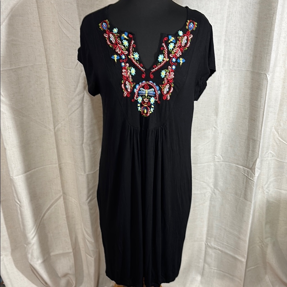 Design History Black Tunic with Colorful Embroidery